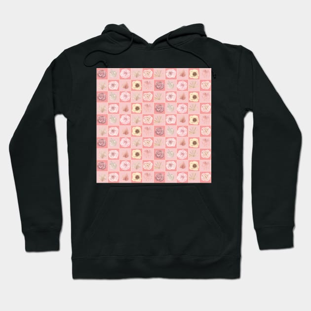 PEACH AND PINK AND CREAM CHECKERBOARD FLOWER PATTERN WITH LEAVES - FLOWERS AND GRASSES Hoodie by colorsandpatterns